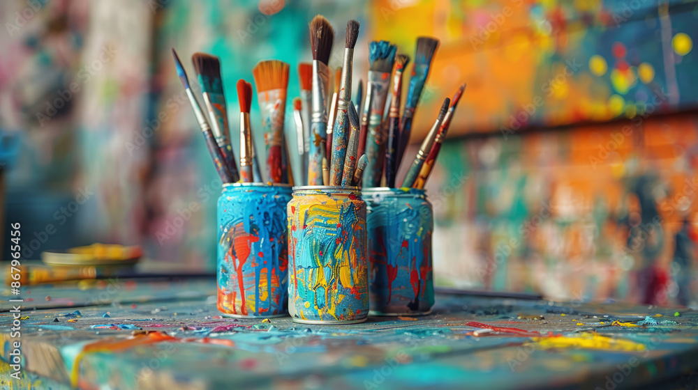 Colorful Art Studio with Paintbrushes and Cans of Paint in Vivid Abstract Colors Colorful Art Studio with Paintbrushes and Cans of Paint in Vivid Abstract Colors