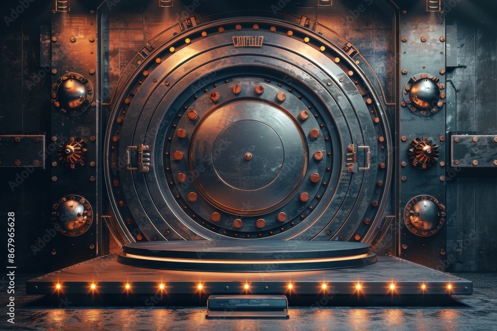 Fototapeta premium Steampunk Stage with Metal Door. Ideal for Product Placement, Presentations, or Events