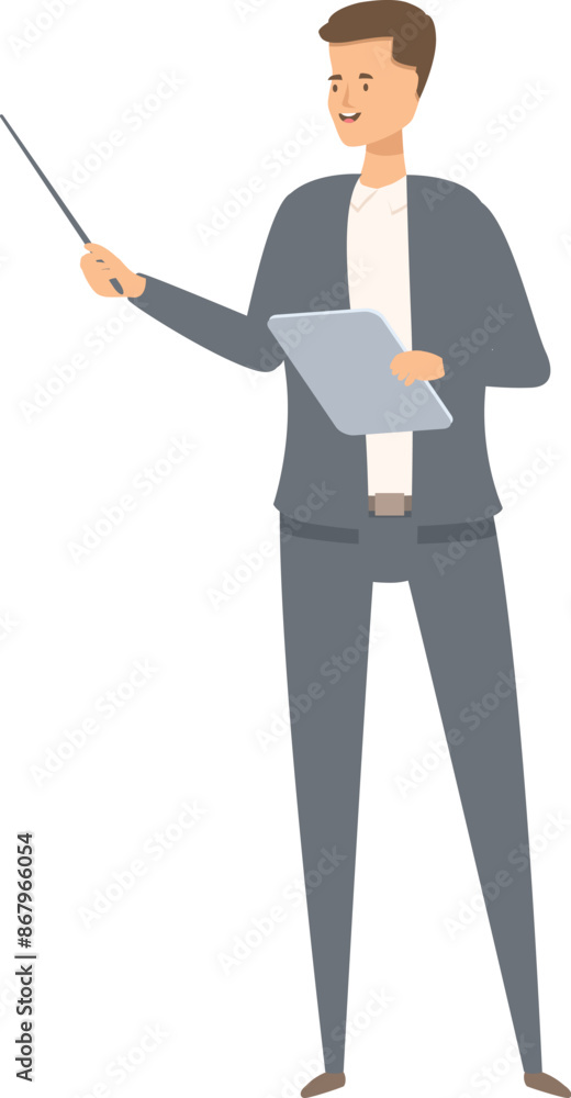 Business professional is giving a presentation, holding a tablet and pointing with a stick Business professional is giving a presentation, holding a tablet and pointing with a stick