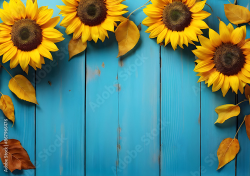 Autumn background with sunflowers on blue wooden board. Generative AI