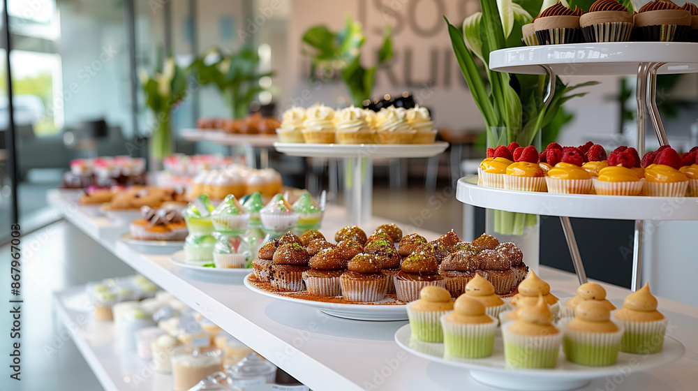 elegant dessert table with little cakes and bonbons in an elegant event elegant dessert table with little cakes and bonbons in an elegant event