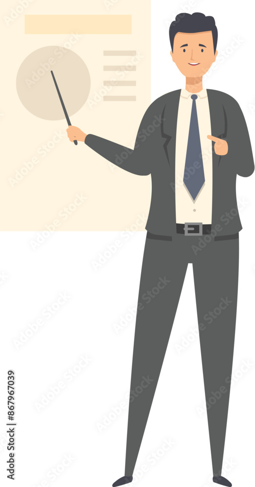 Businessman is pointing at a whiteboard with a pointer, giving a presentation Businessman is pointing at a whiteboard with a pointer, giving a presentation