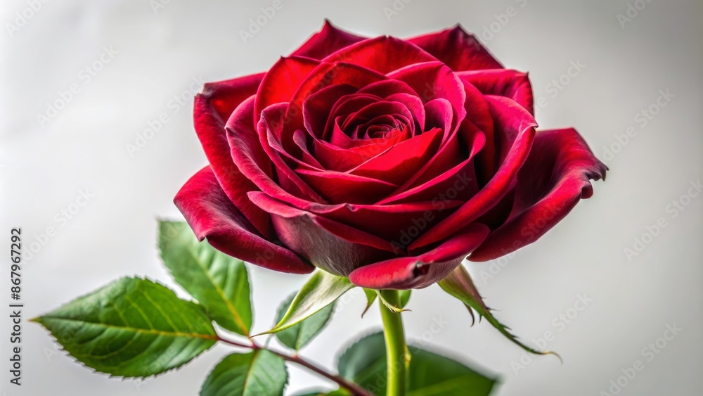 A solitary, velvety, crimson rose blooms majestically, its delicate petals and thorny stem starkly contrasted against a pristine white backdrop. A solitary, velvety, crimson rose blooms majestically, its delicate petals and thorny stem starkly contrasted against a pristine white backdrop.