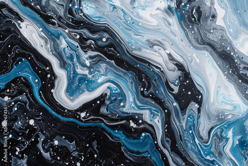 Fototapeta premium Abstract marble background with silver, black and blue pattern. Liquid marble texture