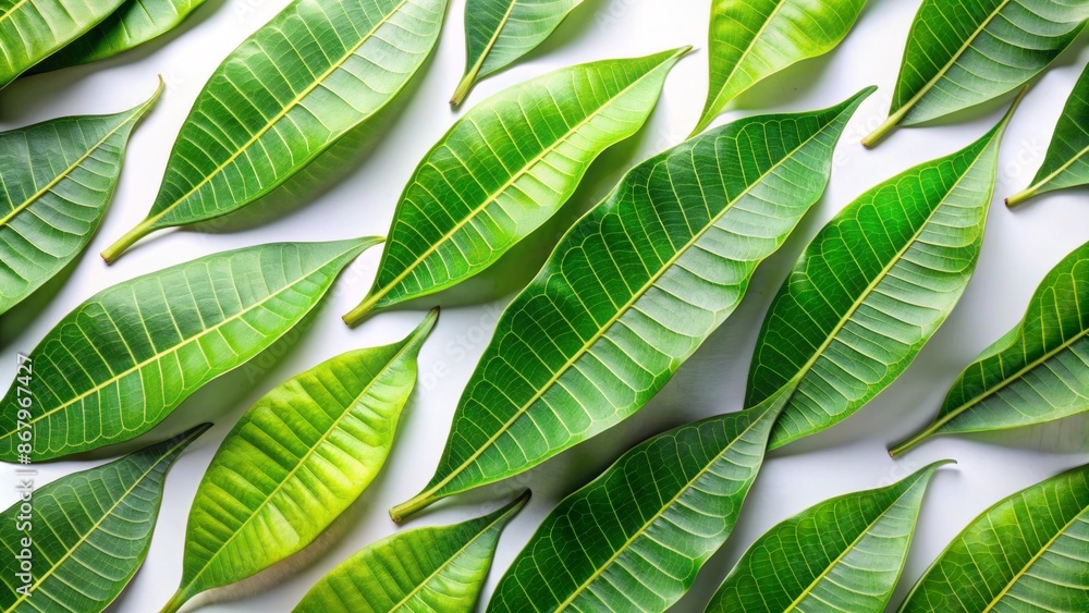 Vibrant green mango leaves arrangement on white background with subtle ...
