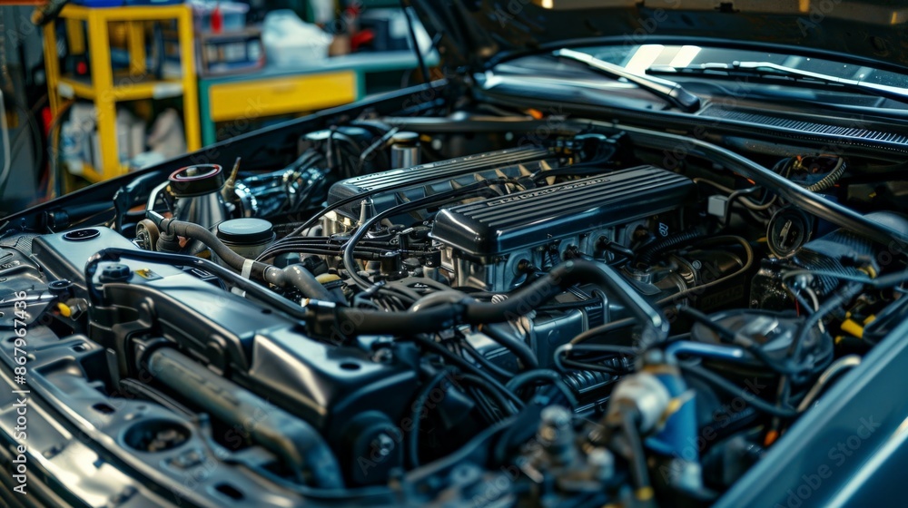 Detailed view of a car engine open for maintenance in a mechanic's shop