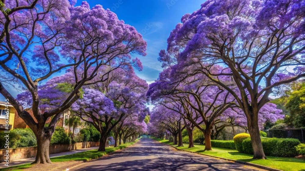 Fototapeta premium Vibrant purple-blue Jacaranda mimosifolia blooms adorn Johannesburg and Pretoria streets during spring in October, South Africa, under clear blue skies.