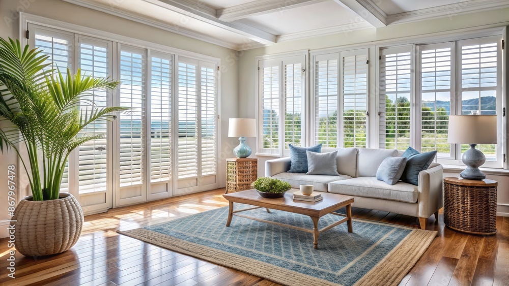 Serene coastal home interior with white plantation shutters, breezy curtains, rattan rug on wood floor, and intricately patterned light blue rug. Serene coastal home interior with white plantation shutters, breezy curtains, rattan rug on wood floor, and intricately patterned light blue rug.