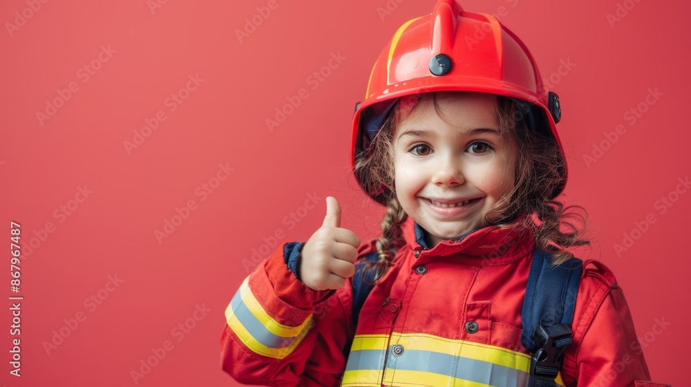 A young girl dressed as a firefighter gives a thumbs up. She is smiling and looks happy. A young girl dressed as a firefighter gives a thumbs up. She is smiling and looks happy.