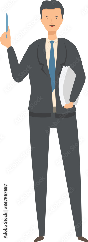Businessman holding documents and pointing with a pen, explaining a project Businessman holding documents and pointing with a pen, explaining a project