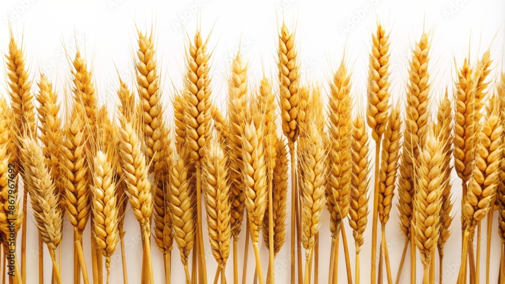 Golden wheat ears, perfectly aligned, stand upright, filling the frame, against a pristine white background, with precise clipping path outline. Golden wheat ears, perfectly aligned, stand upright, filling the frame, against a pristine white background, with precise clipping path outline.