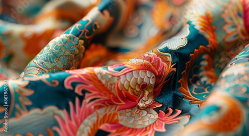 Closeup of Teal Silk Fabric With Dragon Embroidery