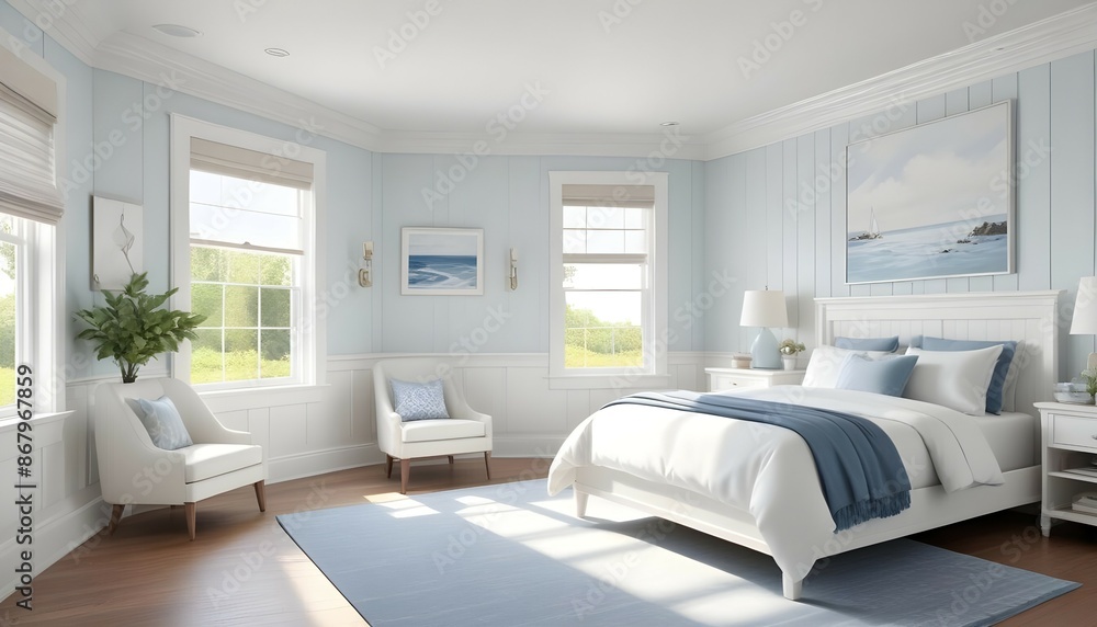 A bright and airy bedroom designed in a classic Hamptons style, with white paneled walls and a soothing coastal color palette. A bright and airy bedroom designed in a classic Hamptons style, with white paneled walls and a soothing coastal color palette.