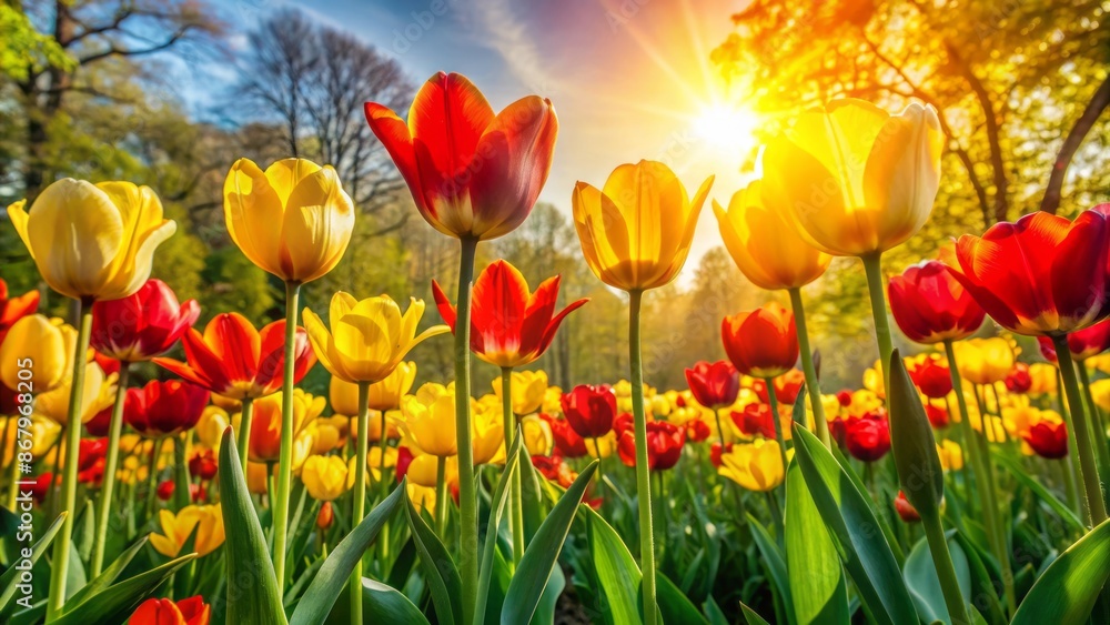 Obraz premium Vibrant yellow and red tulips in full bloom, swaying gently in the breeze, surrounded by lush greenery and warm sunlight.