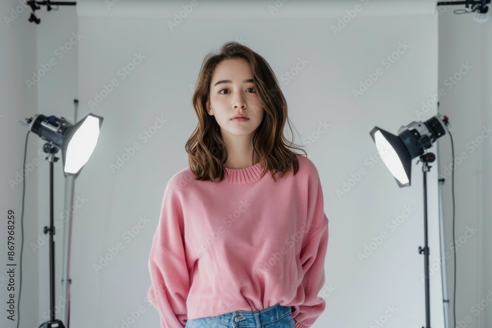 Stylish Asian Woman Posing in Pink Sweatshirt and Jeans in Bright Studio Lights for Fashion and Beauty Concept Stylish Asian Woman Posing in Pink Sweatshirt and Jeans in Bright Studio Lights for Fashion and Beauty Concept