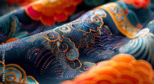 Closeup of Teal Silk Fabric With Dragon Embroidery