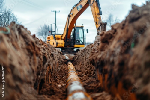 Excavator Digging a Trench for Pipe Installation