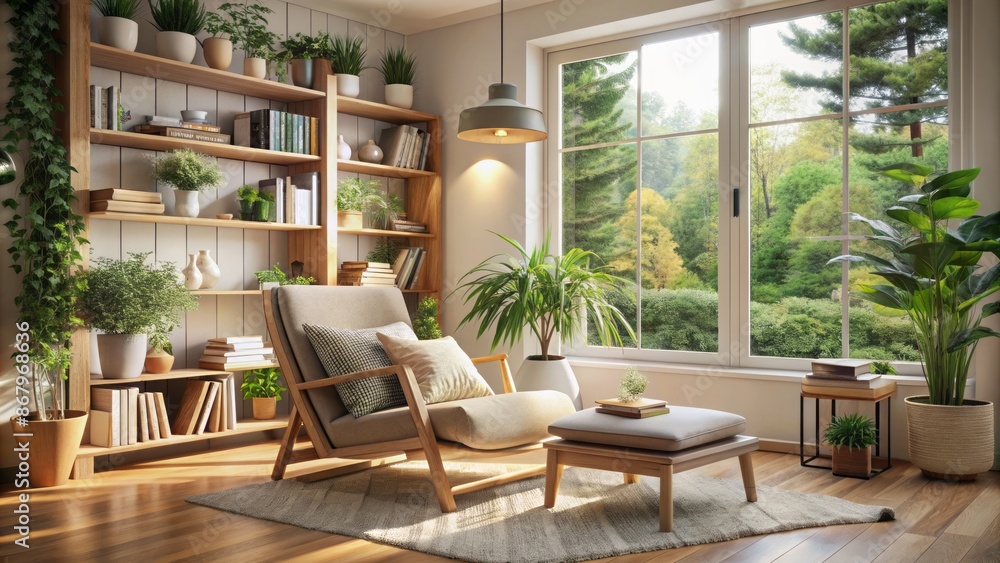 Cozy Scandinavian modern reading nook with light wood furniture, soft textiles, and lush greenery, exuding warmth and serene comfort atmosphere. Cozy Scandinavian modern reading nook with light wood furniture, soft textiles, and lush greenery, exuding warmth and serene comfort atmosphere.