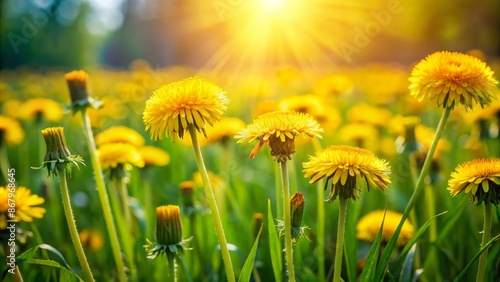Vibrant yellow dandelions sway gently in lush green grass on a serene spring day with blooming buds against a summer fresh backdrop.