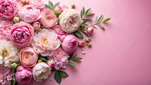 Delicate pink background showcases lush peonies and elegant roses in a beautiful, harmonious flat lay arrangement with ample copy space.
