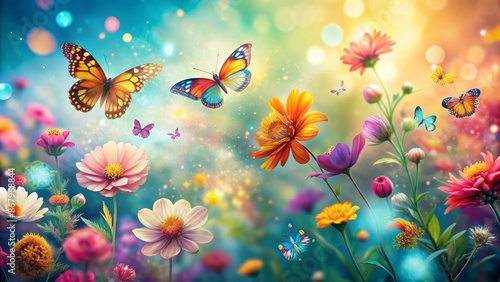 Vibrant colorful abstract spring background with delicate flowers blooming alongside fluttering butterflies amidst soft focus gentle natural light atmosphere.
