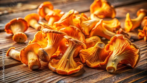 Vibrant orange washed and peeled chanterelles arranged artfully on weathered wooden table in warm natural light of summer afternoon. photo