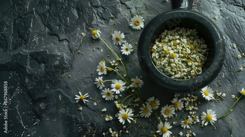 Dry chamomile tea on textured surface with flowers in a mortar © TheWaterMeloonProjec