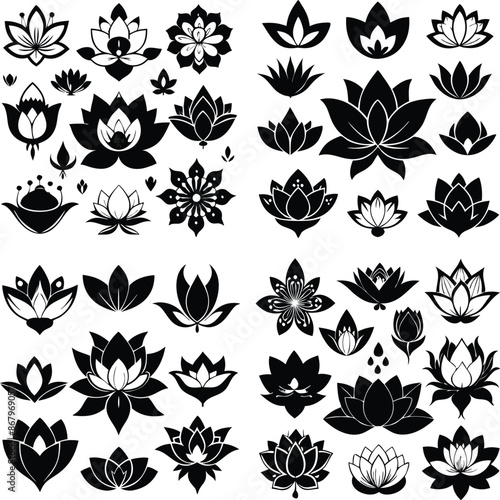 set of lotus flower vector illustrations leaf symbol plant lotus floral decoration design icon nature set abstract blossom silhouette beauty sign element isolated pattern