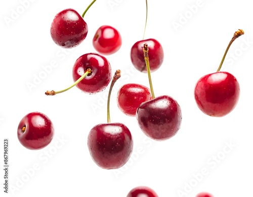 Cherries falling against a white background.