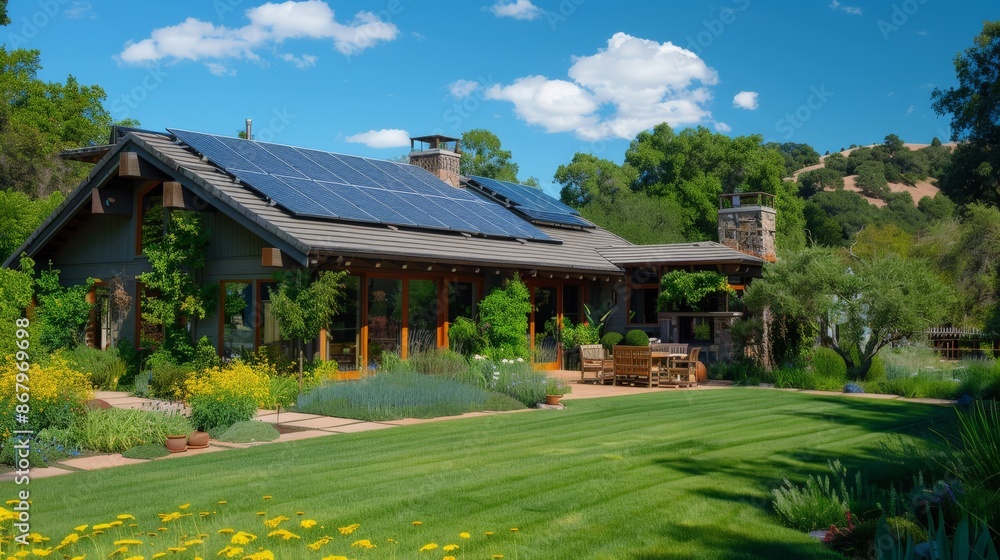 Eco-friendly home with solar panels on the roof and a green lawn Eco-friendly home with solar panels on the roof and a green lawn