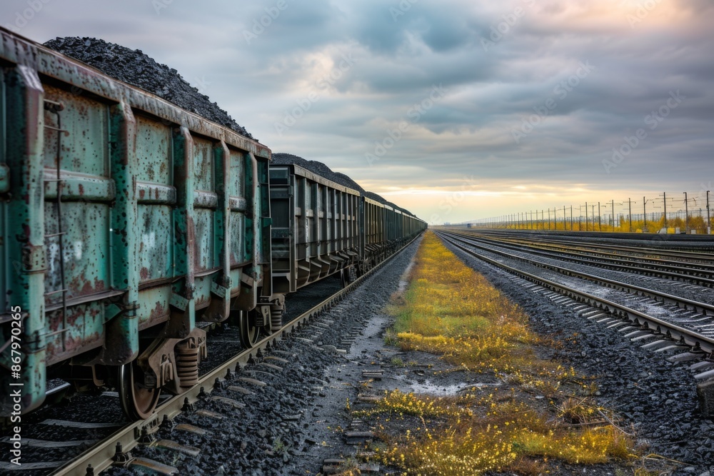 Fototapeta premium Freight Train With Coal Carriages On Railway Tracks