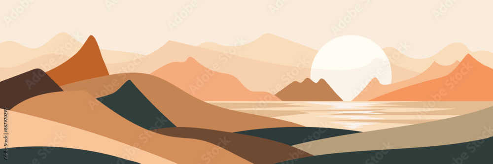 Minimalistic stylized landscape, mountain sunrise and sun, vector illustration, panoramic view Minimalistic stylized landscape, mountain sunrise and sun, vector illustration, panoramic view