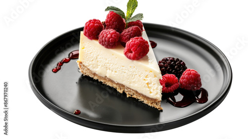 Cheesecake on black plate on transparent background