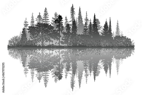 Forest reflected in water, wild lake, black and white landscape