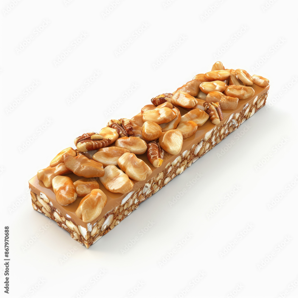 Nutty Caramel Snack Bar with Mixed Nuts and Crispy Base on White Background Nutty Caramel Snack Bar with Mixed Nuts and Crispy Base on White Background