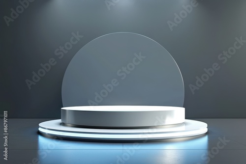 Empty round white podium with frosted glass circle backdrop illuminated by spotlights on a dark stage. Concept of product presentation, showcase, mockup, exhibition and minimal design.