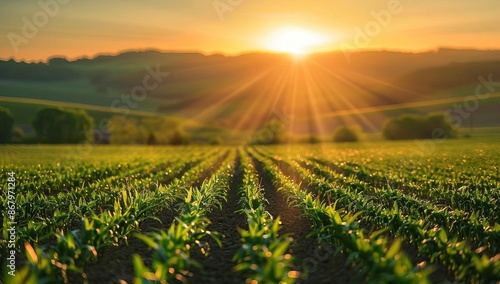 Golden Sunrise Over Lush Green Farm Fields photo