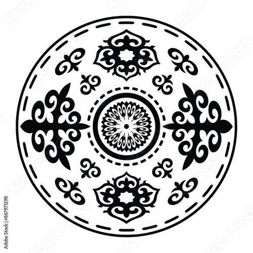 Vector round ethnic element, circular Kazakh national ornament, decorative design templates, isolated on white background	