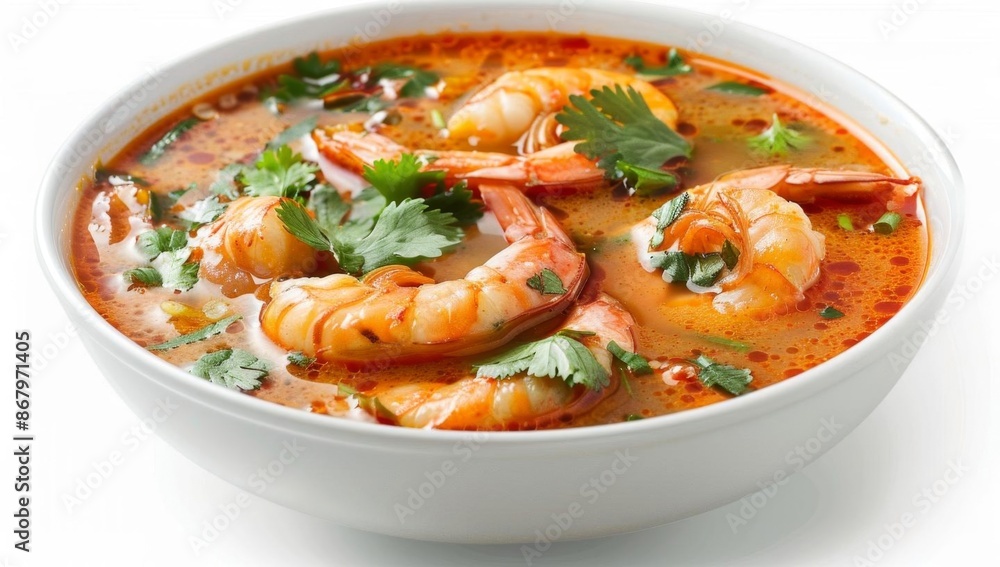 Vibrant Red Shrimp Soup with Herbs in White Bowl Vibrant Red Shrimp Soup with Herbs in White Bowl