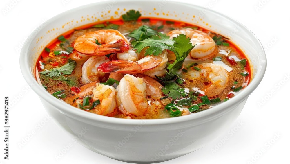 Spicy Thai Shrimp Soup with Fresh Herbs in White Bowl Spicy Thai Shrimp Soup with Fresh Herbs in White Bowl