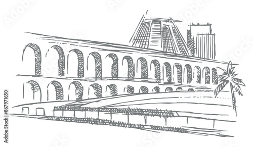 Urban landscape illustration of the city of Rio de Janeiro. Art in stripped-down lines in a sketch style.