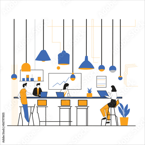 A minimalist illustration of a modern office with four people working. 
