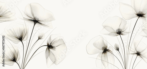 Botanical art background in black and white with transparent flowers in watercolor style. Vector floral banner for cover design, print, wallpaper, decor, poster, textile, interior, packaging.