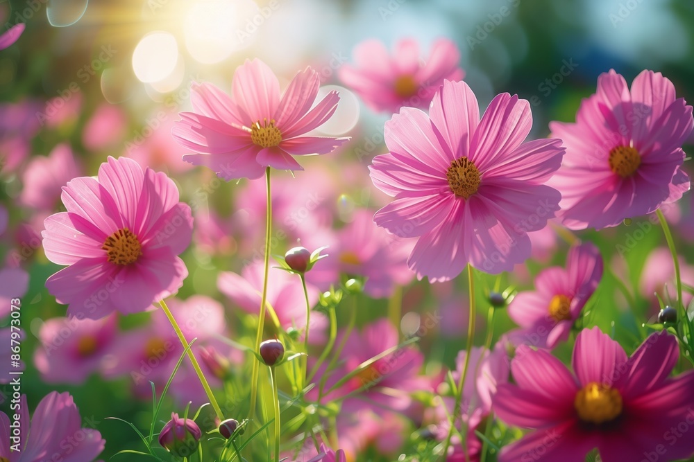 Pink Cosmos Flowers Blooming in a Field on a Sunny Day Pink Cosmos Flowers Blooming in a Field on a Sunny Day