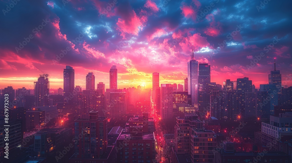 Obraz premium A cityscape at sunset, with the buildings bathed in warm, colorful light. The beautiful, bright urban scene provides an inspiring background for your message.