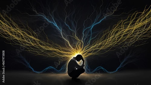 Silhouette of a person in meditation pose, emanating brilliant golden and blue energy streams. Dark background with electric tendrils reaching outward. photo