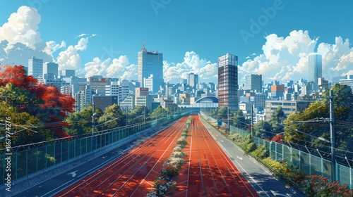 A cityscape featuring a bright, modern sports stadium under a clear, sunny sky. The lively urban scene is perfect for highlighting your message. 