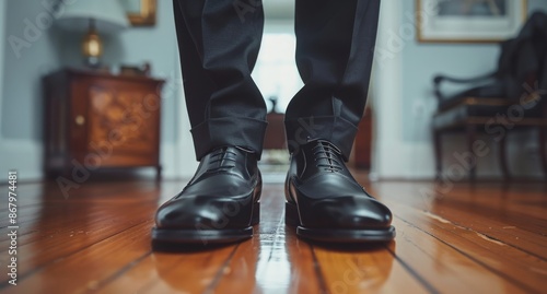 Polished Black Leather Shoes on Wooden Floor