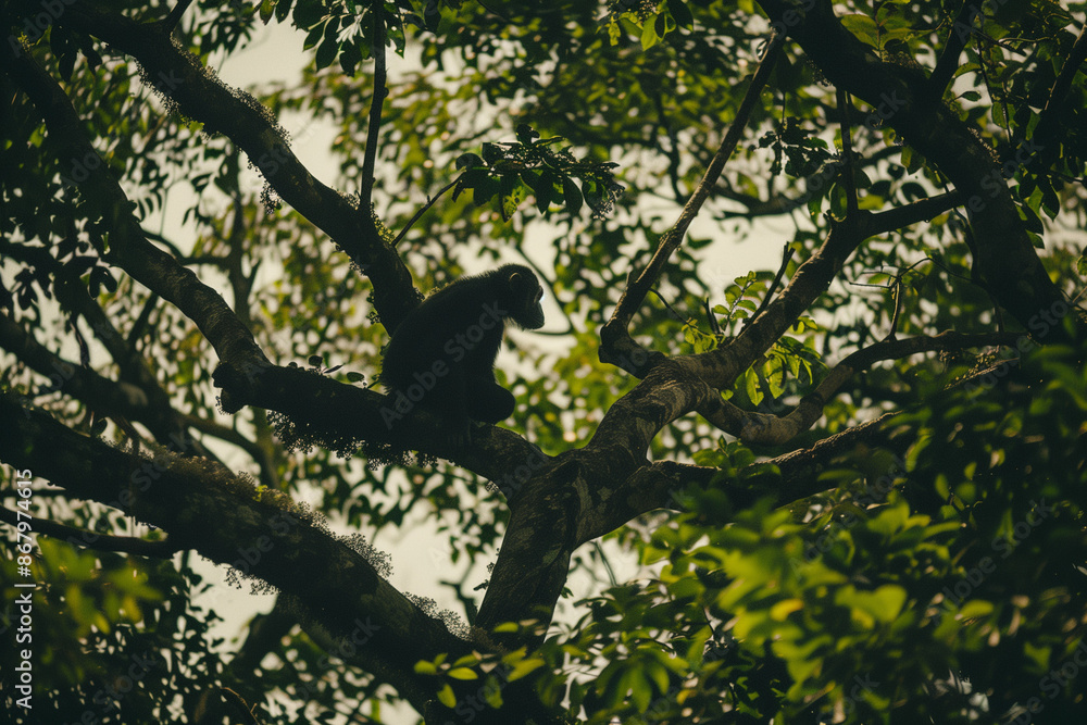 Chimpanzee in Forested Area with Copy Space, Suitable for Wildlife Documentary Use Chimpanzee in Forested Area with Copy Space, Suitable for Wildlife Documentary Use