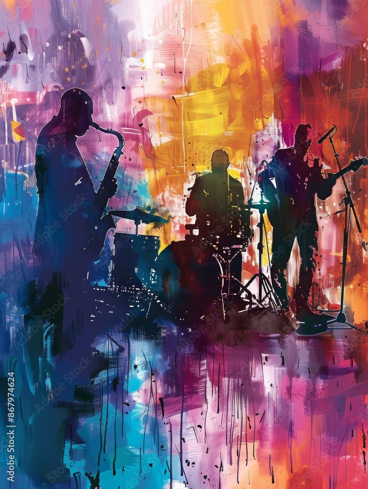 Vibrant abstract painting of a live band, dominated by blues, pinks, and oranges. Musicians are silhouetted, emphasizing their music and performance. Generative AI Vibrant abstract painting of a live band, dominated by blues, pinks, and oranges. Musicians are silhouetted, emphasizing their music and performance. Generative AI